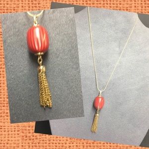 Fringe Tassel Pendant Necklace Salmon Red Striped Bead Gold Chain Retro BoHo